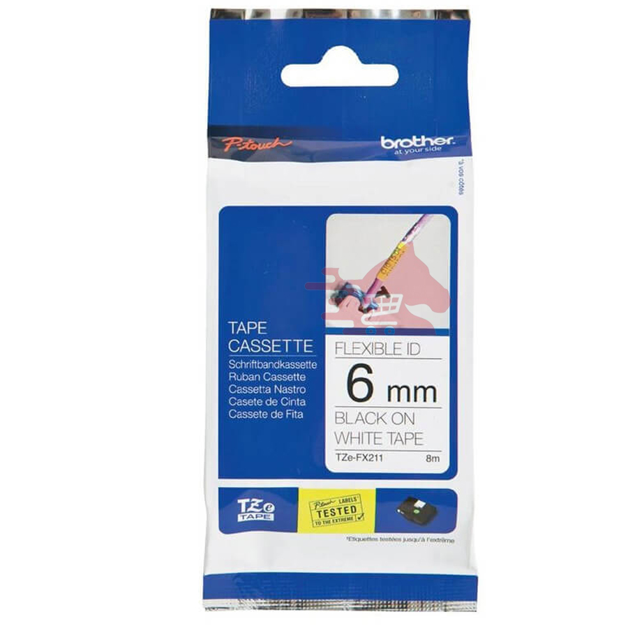 Nhãn in Brother TZE-FX211, 6mm, chữ đen nền trắng, siêu dẻo.